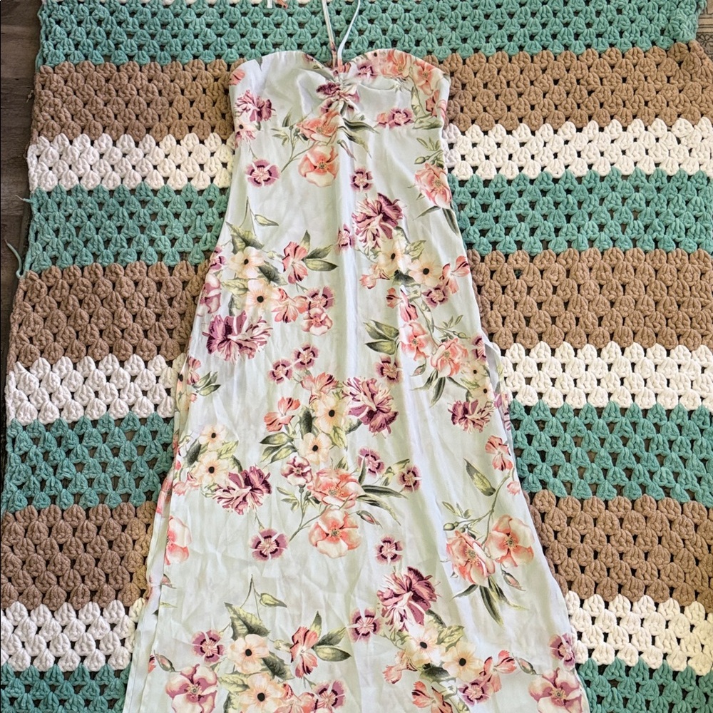 Blue Green Pink Floral Sundress Maxi Long Slit Dress Womans sz Small
